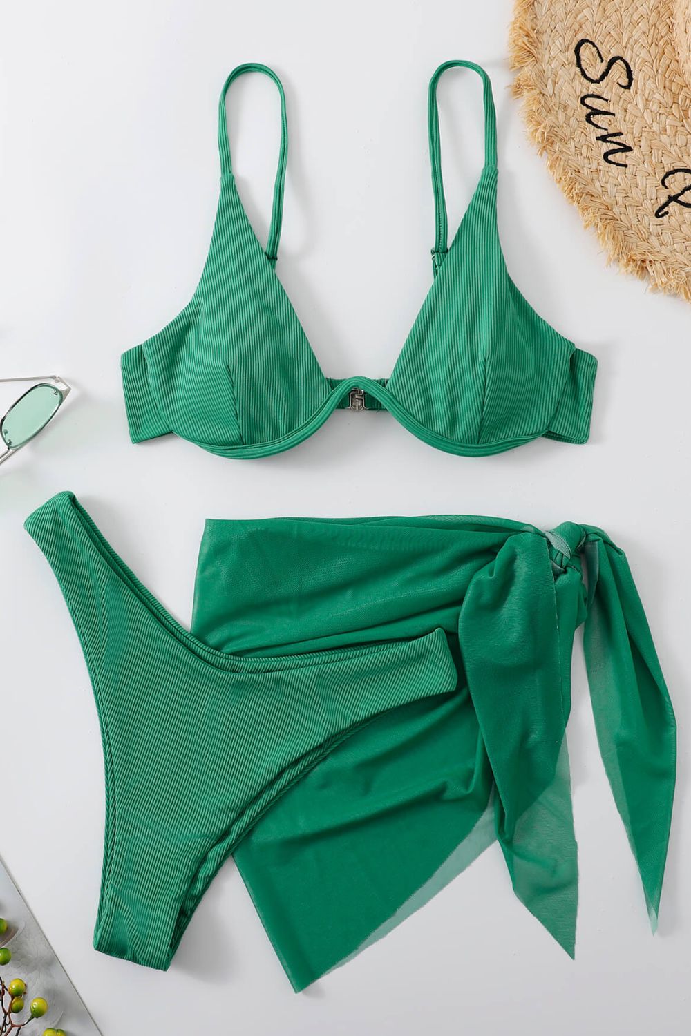 3-Piece Ribbed High Waisted Bikini Set Gum Leaf