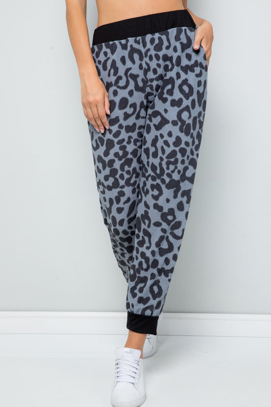 Celeste Full Size Leopard Contrast Sweatpants Grey Leopard