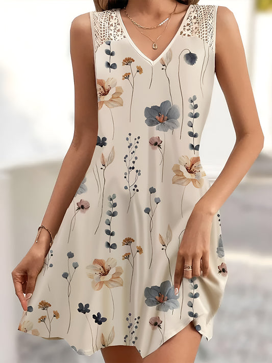 Printed V-Neck Sleeveless Mini Dress Tan