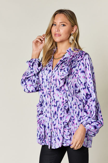 Printed Button-Down Top with Ruffle Balloon Sleeves