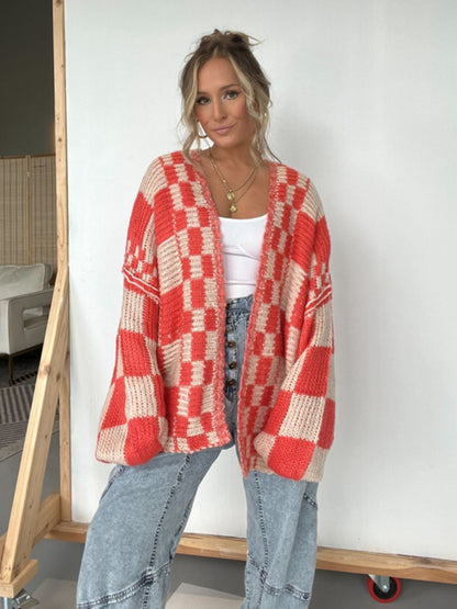 Plaid Open Front Long Sleeve Cardigan Deep Red