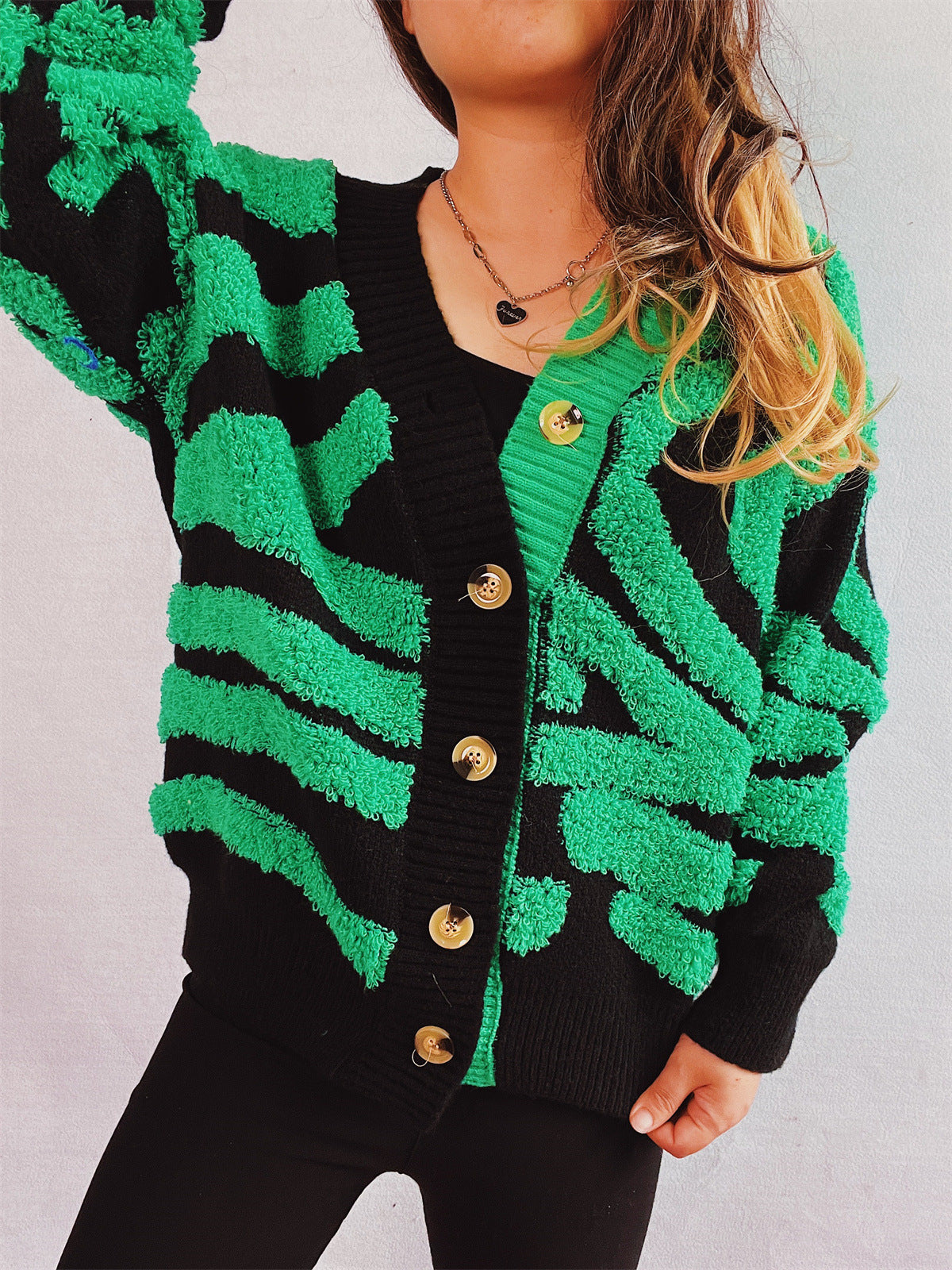 Contrast Button Up Long Sleeve Cardigan Green One Size