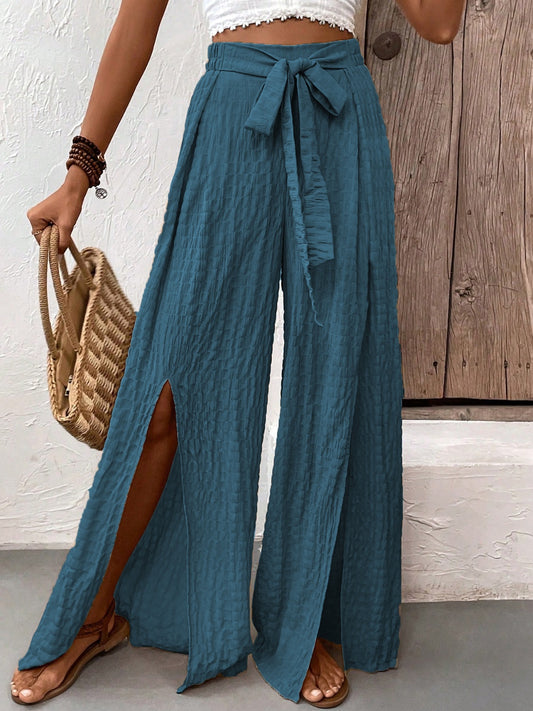 Tied Slit Wide Leg Pants French Blue