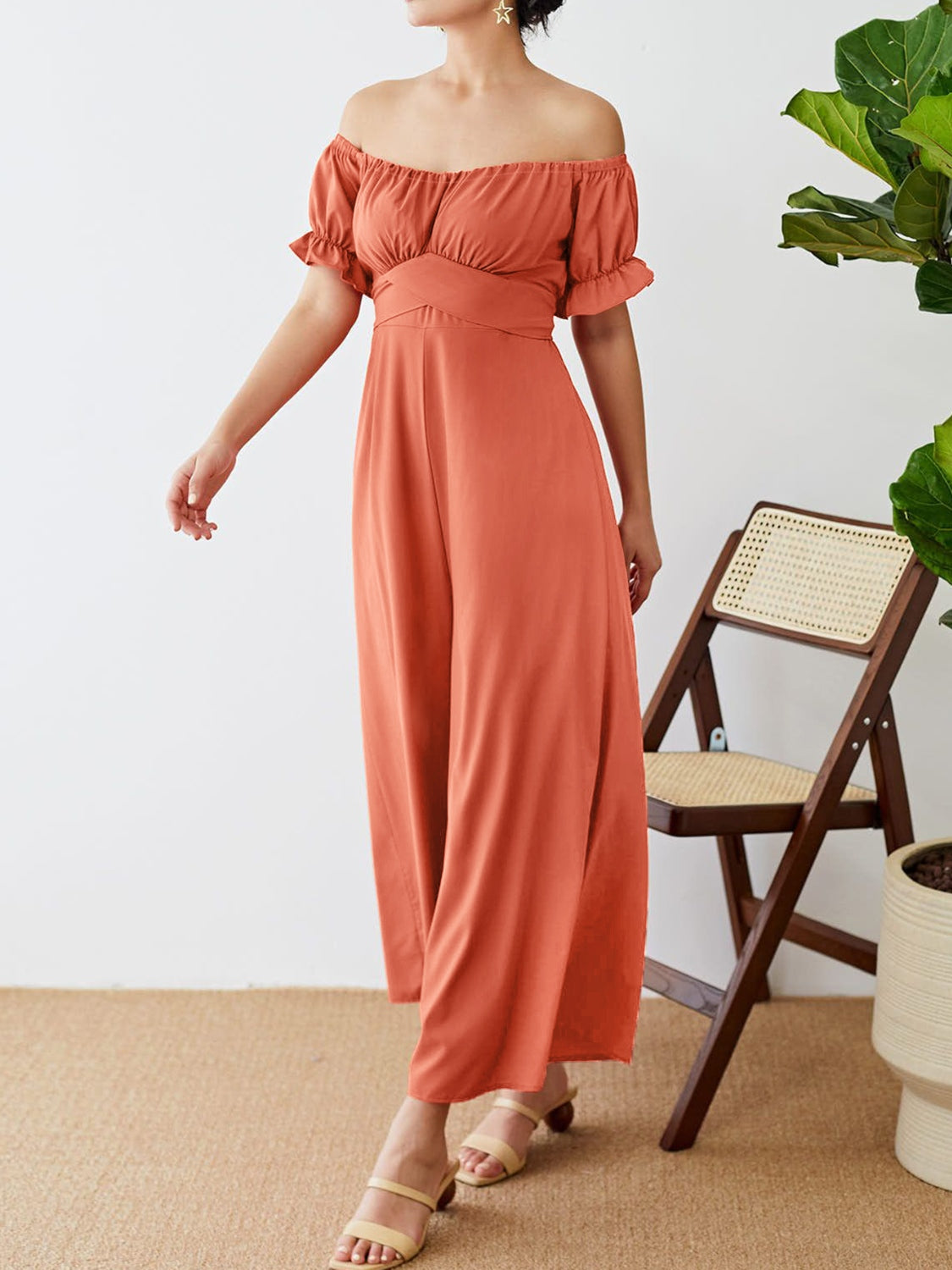 Off-Shoulder Short Sleeve Wide Leg Jumpsuit