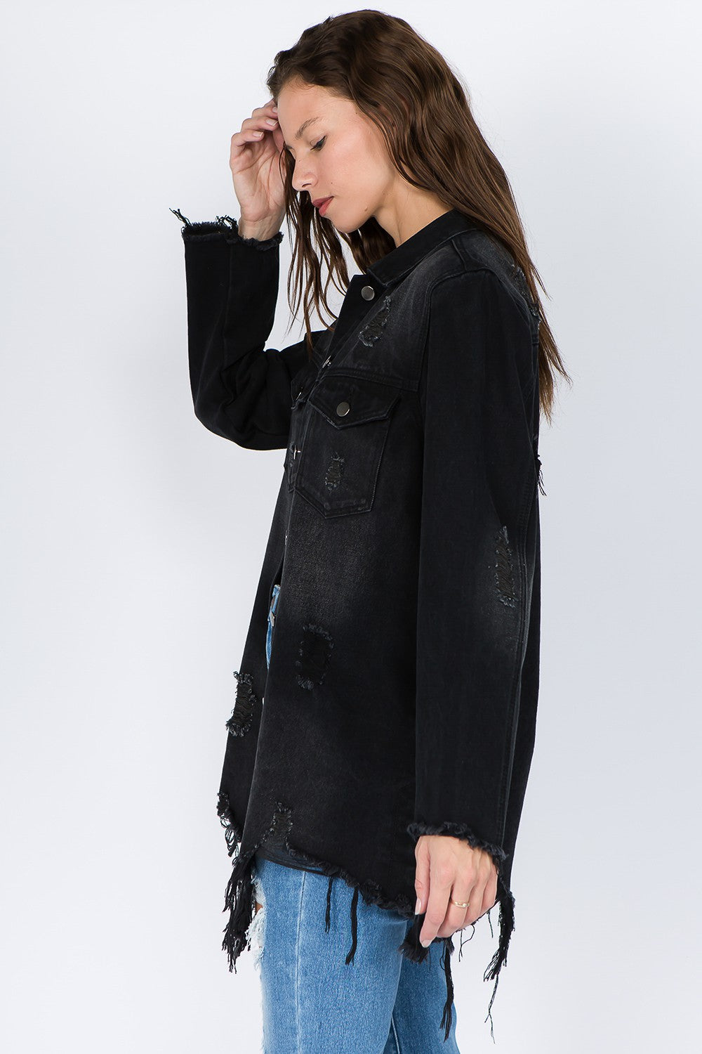 Women's Distressed Denim Jacket with Frayed Hem