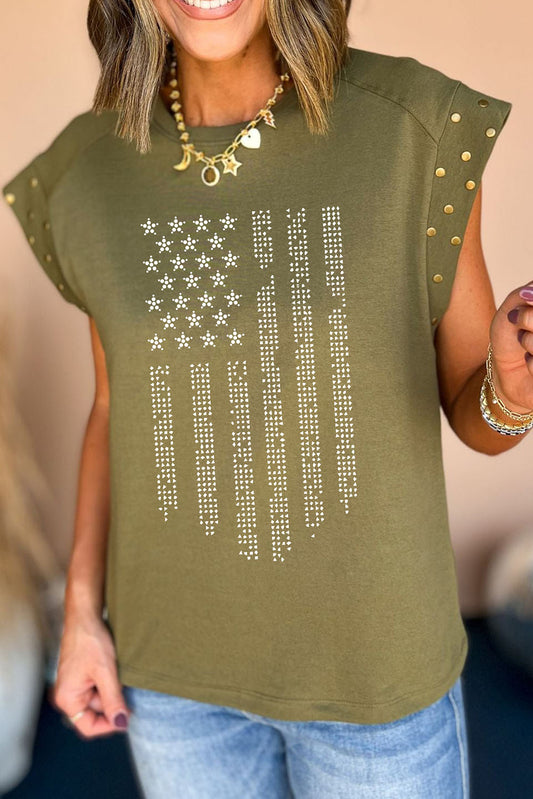 Rhinestone US Flag Round Neck Cap Sleeve T-Shirt Matcha Green