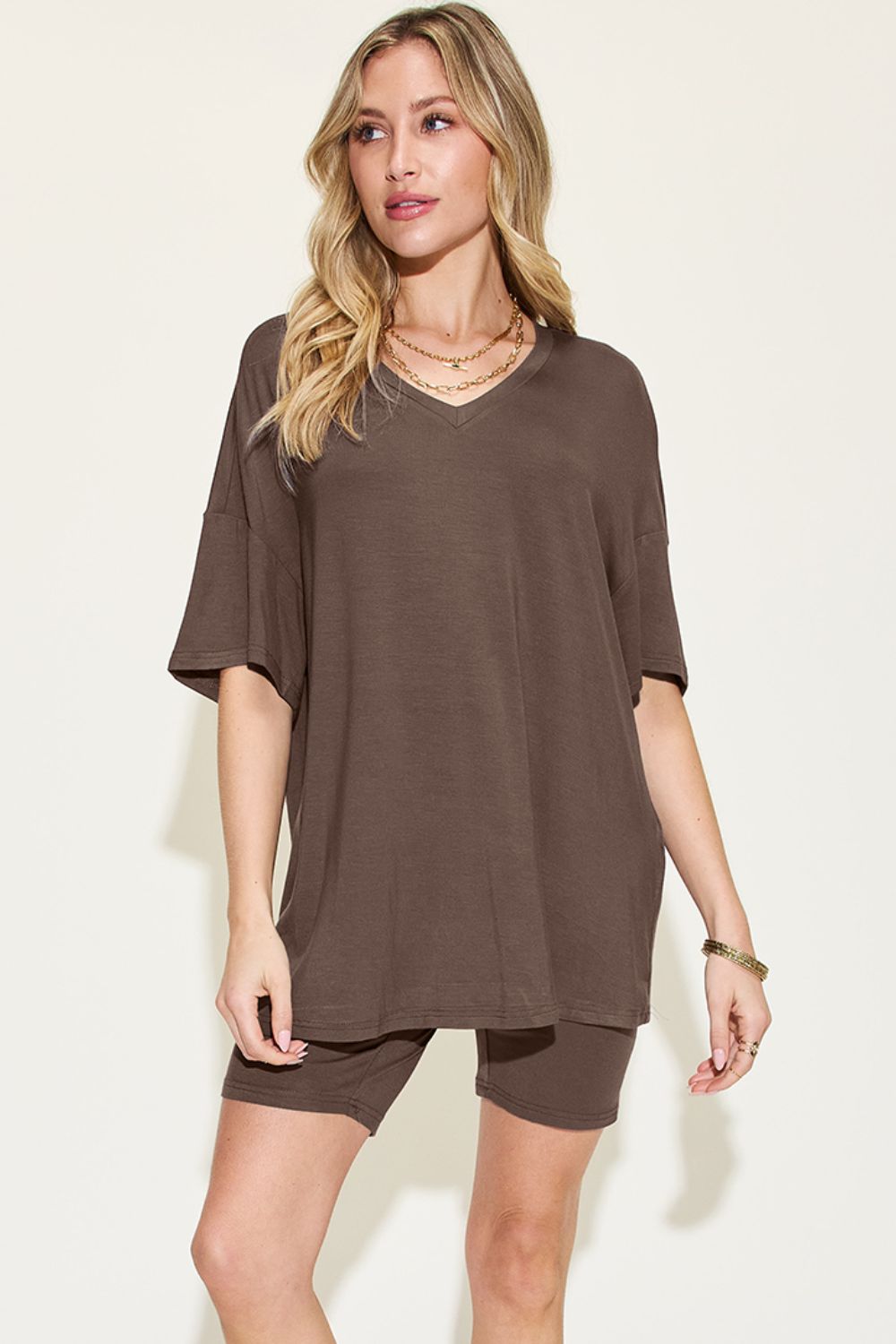 Relaxed Fit Rayon V-Neck Tee & Shorts Set Chocolate
