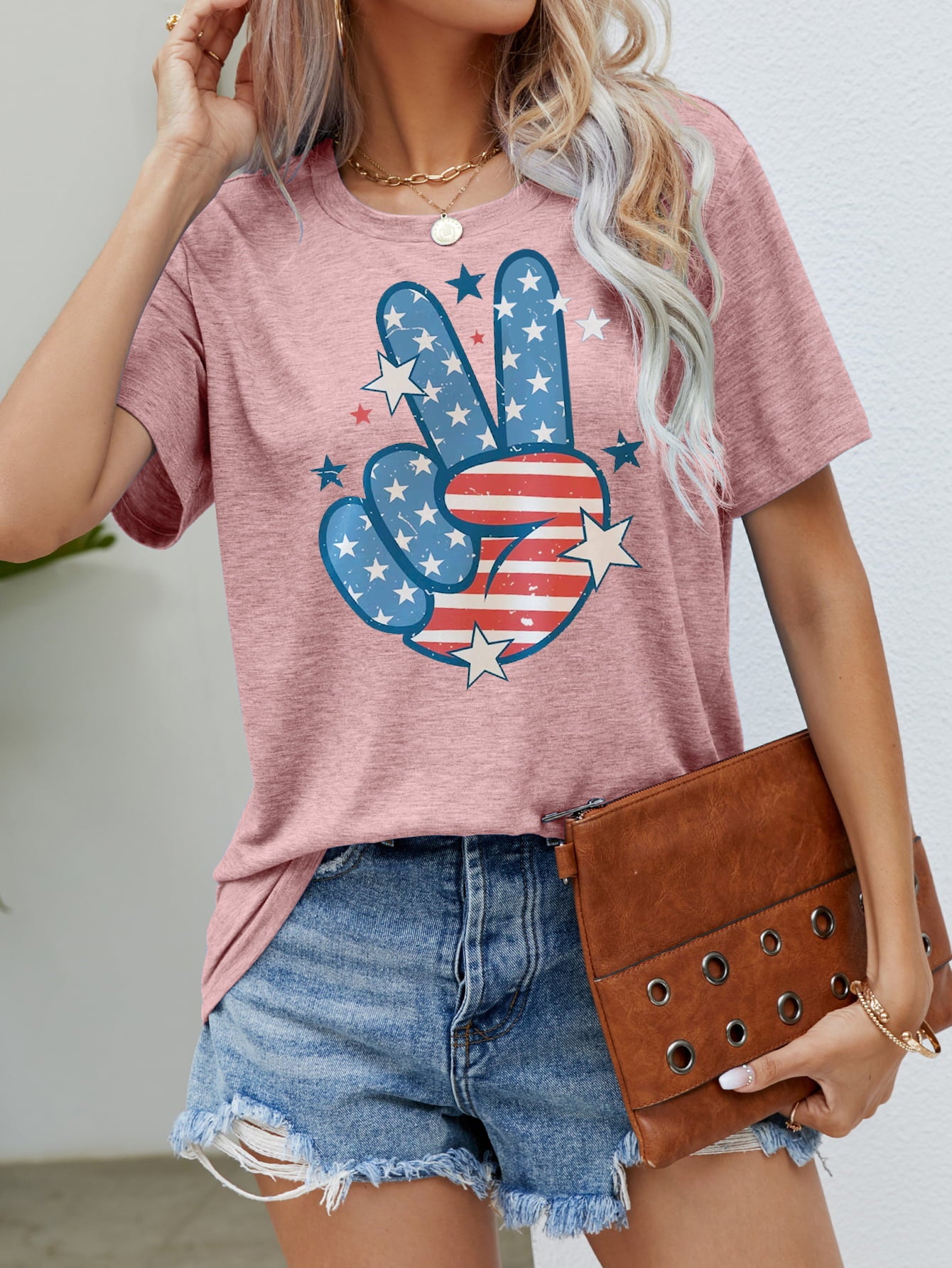 US Flag Peace Sign Hand Graphic Tee Blush Pink