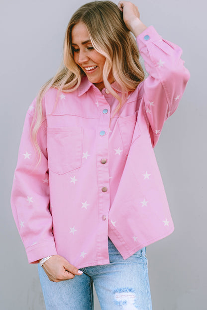 Starry Button-Down Denim Jacket with Slits Carnation Pink