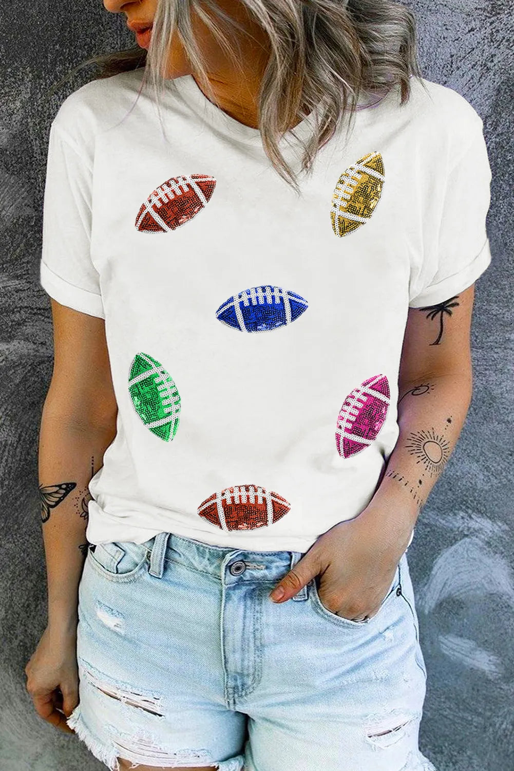 Sequin Football Round Neck Short Sleeve T-Shirt White