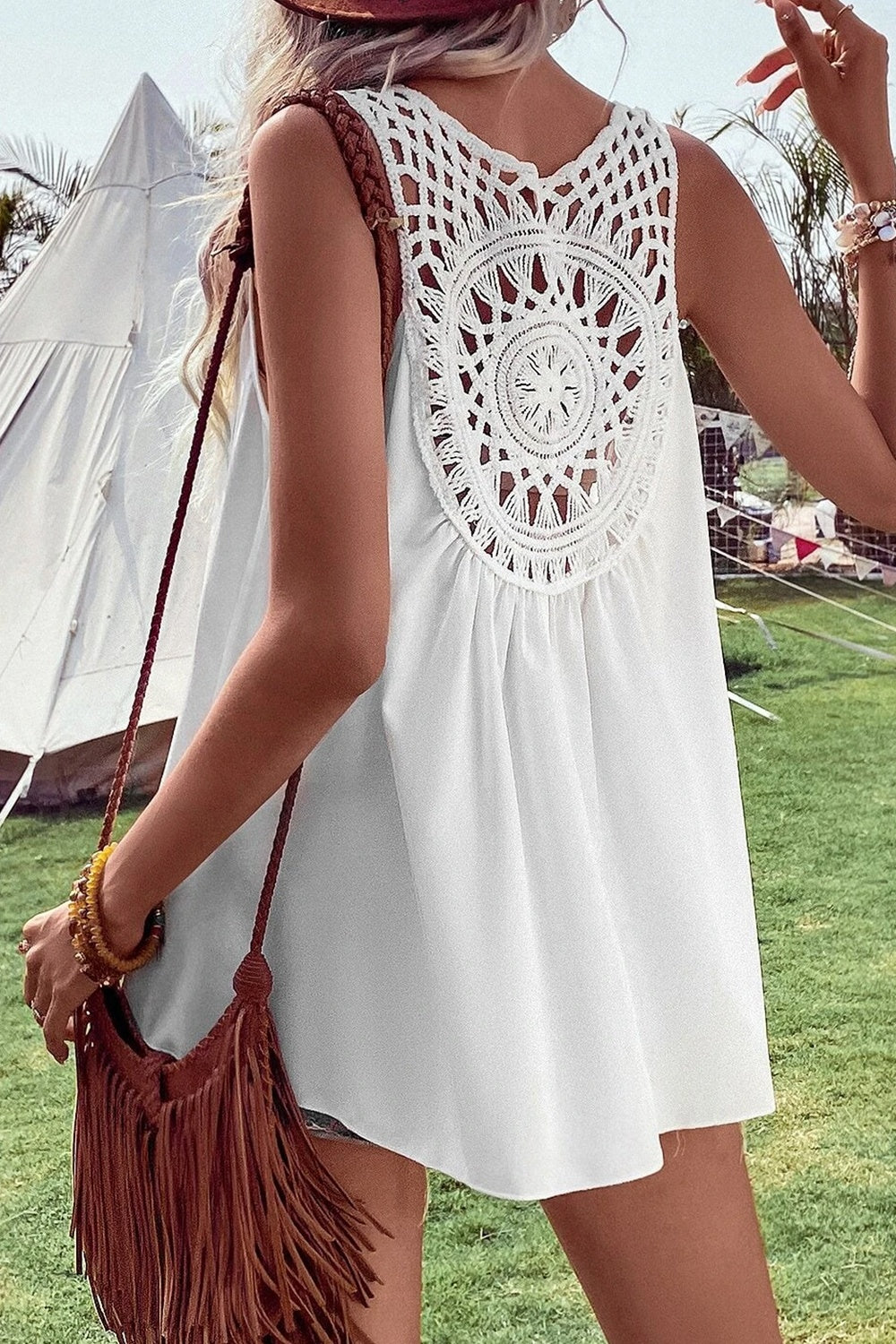 Openwork V-Neck Tank White