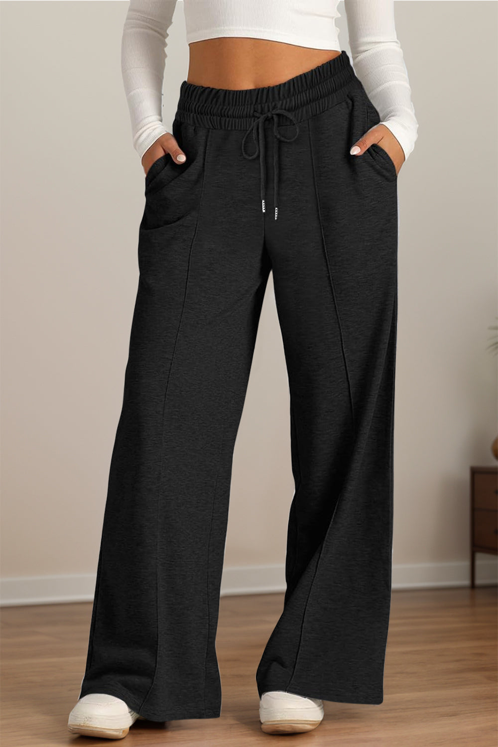 Drawstring Elastic Waist Wide Leg Pants Black