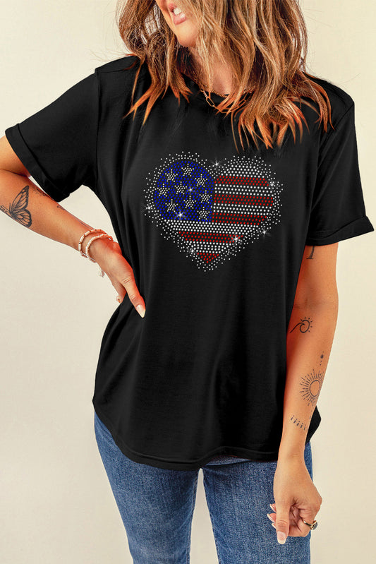 Rhinestone Heart Round Neck Short Sleeve T-Shirt Black