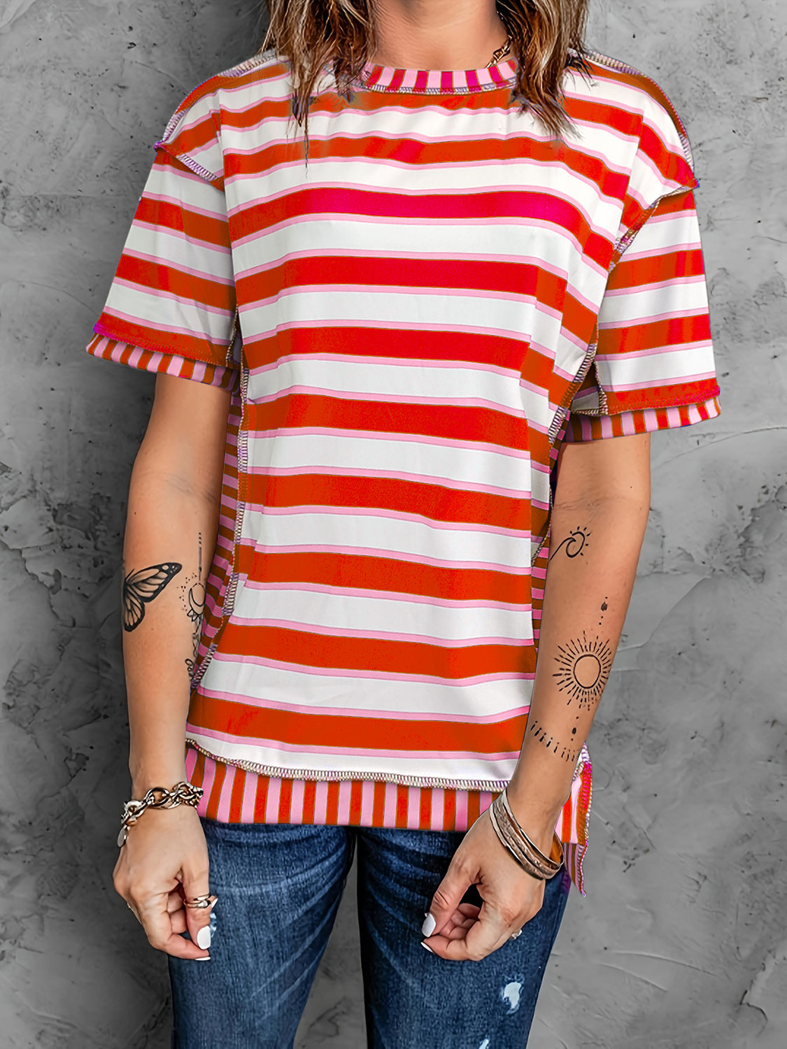 Full Size Contrast Stitching Striped Round Neck T-Shirt Red