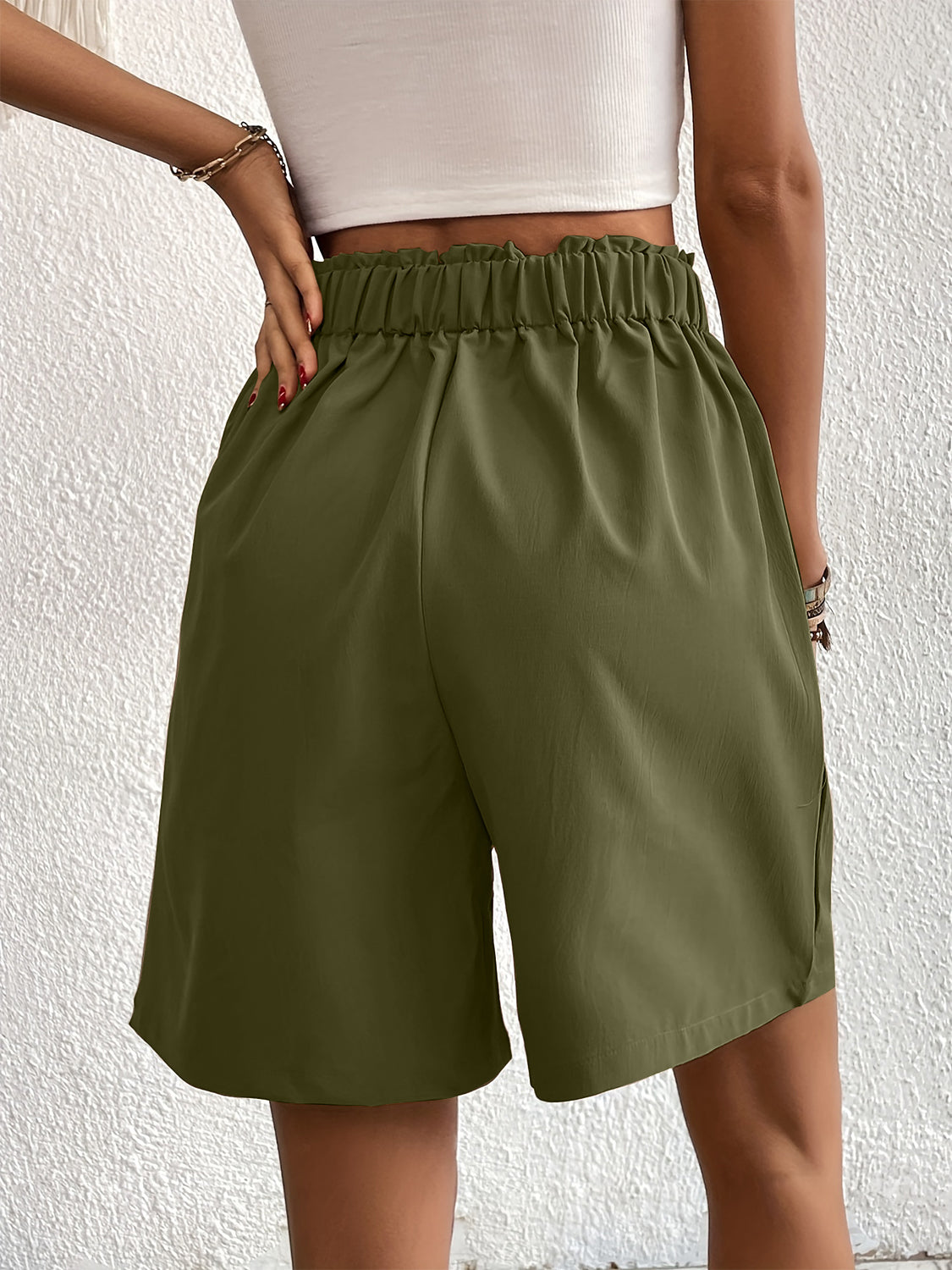 Pocketed Half Elastic Waist Shorts Matcha Green