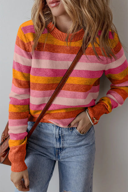 Striped Round Neck Long Sleeve Sweater Orange