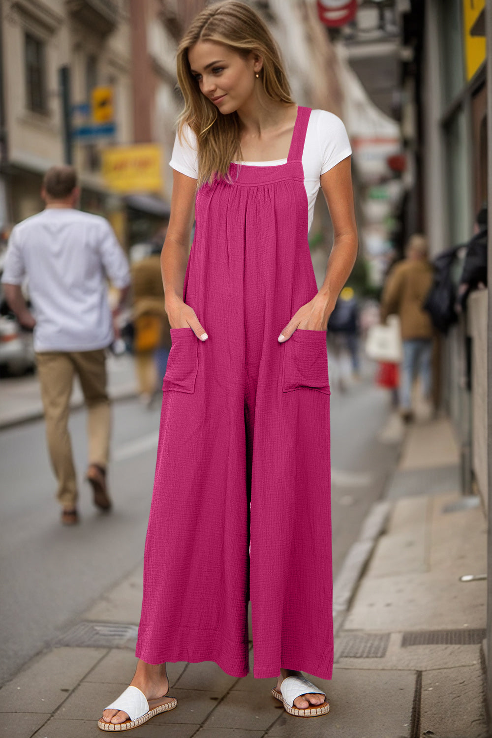 Double Take Full Size Wide Leg Overalls with Pockets Hot Pink