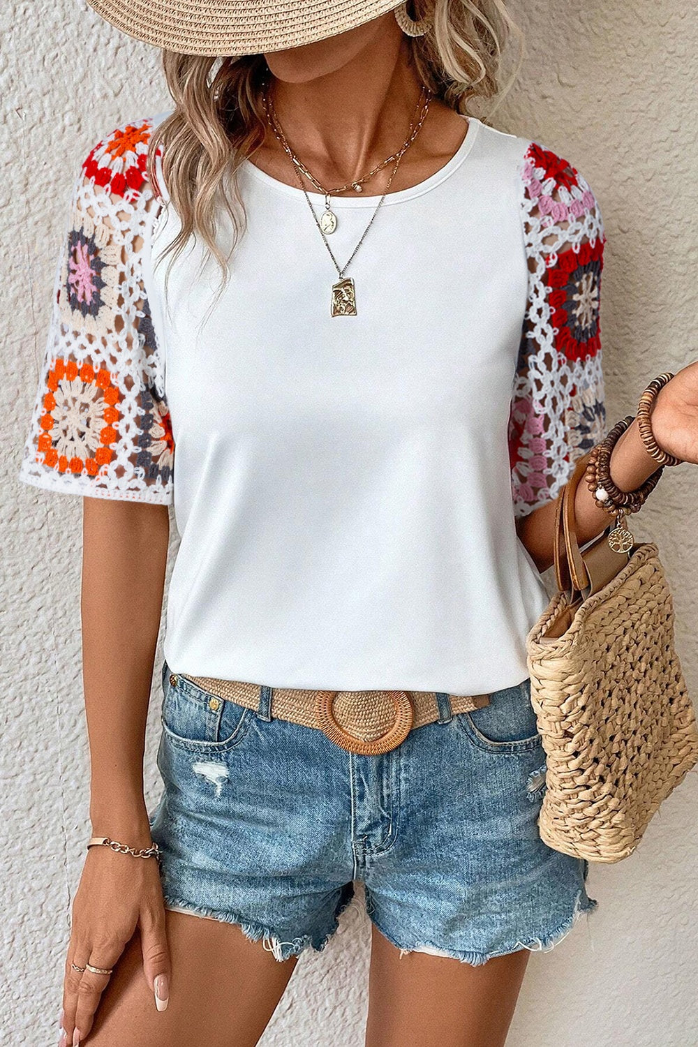 Geometric Print Round Neck Blouse White