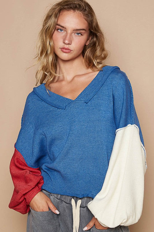 POL Exposed Seam Contrast V-Neck Lantern Sleeve Sweater Royal Blue