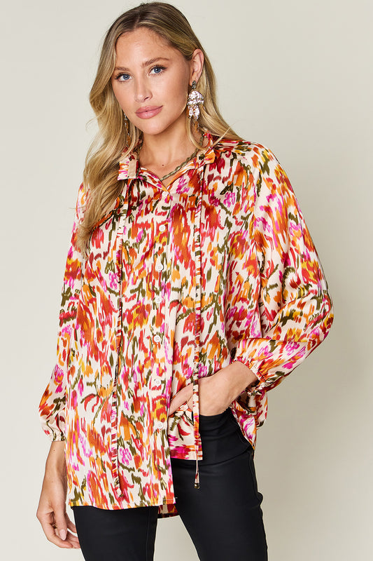 Printed Long Sleeve Button-Down Top Tangerine