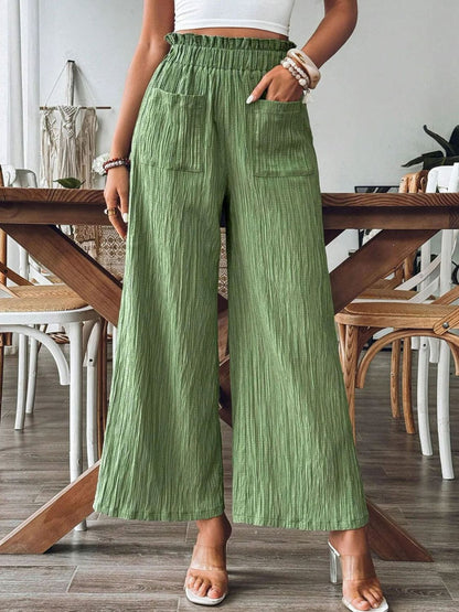 Pocketed Elastic Waist Wide Leg Pants Green