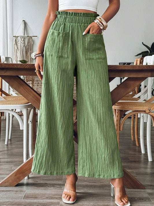 Pocketed Elastic Waist Wide Leg Pants Green