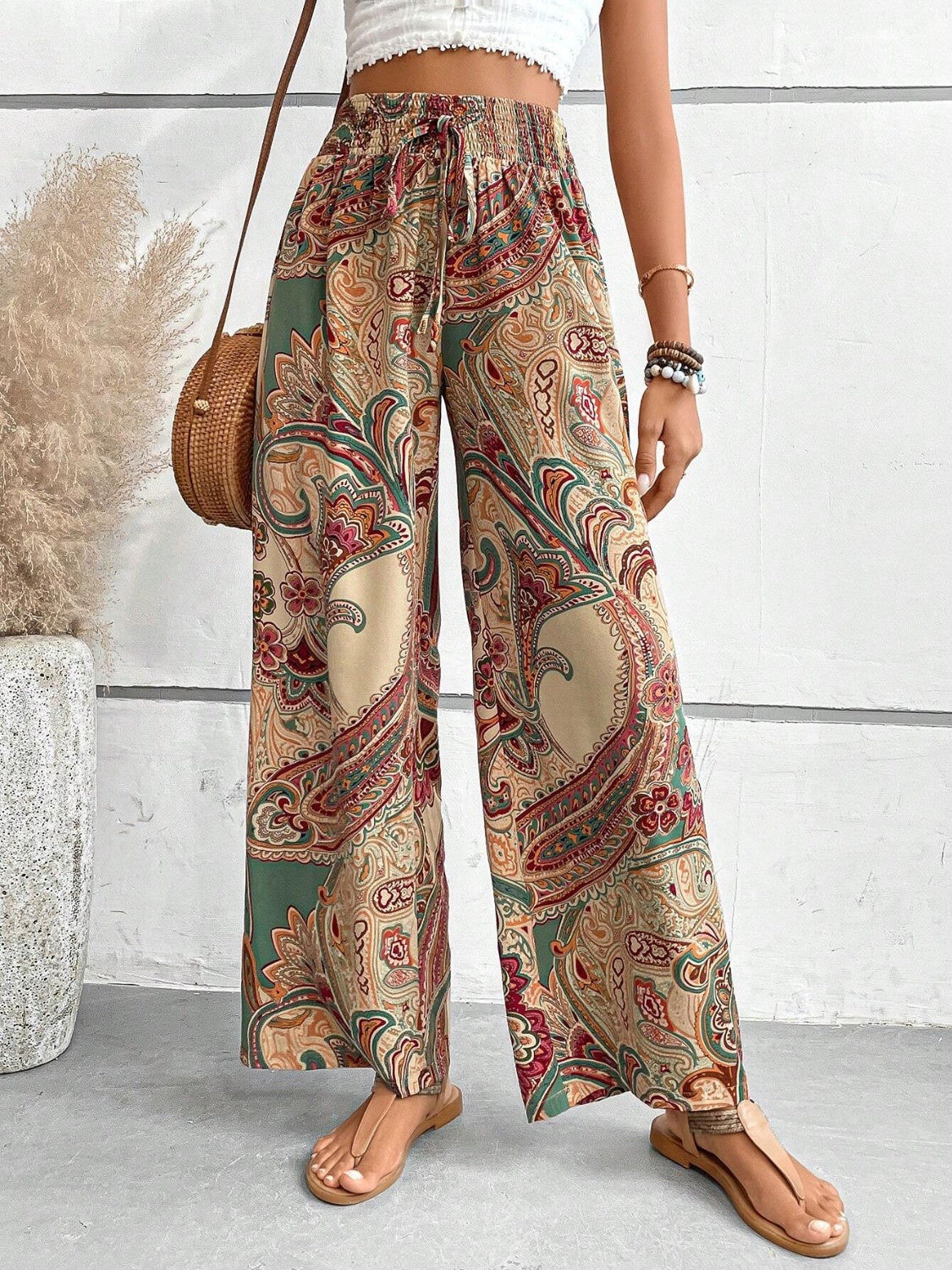 Tie Waist Printed Wide Leg Pants