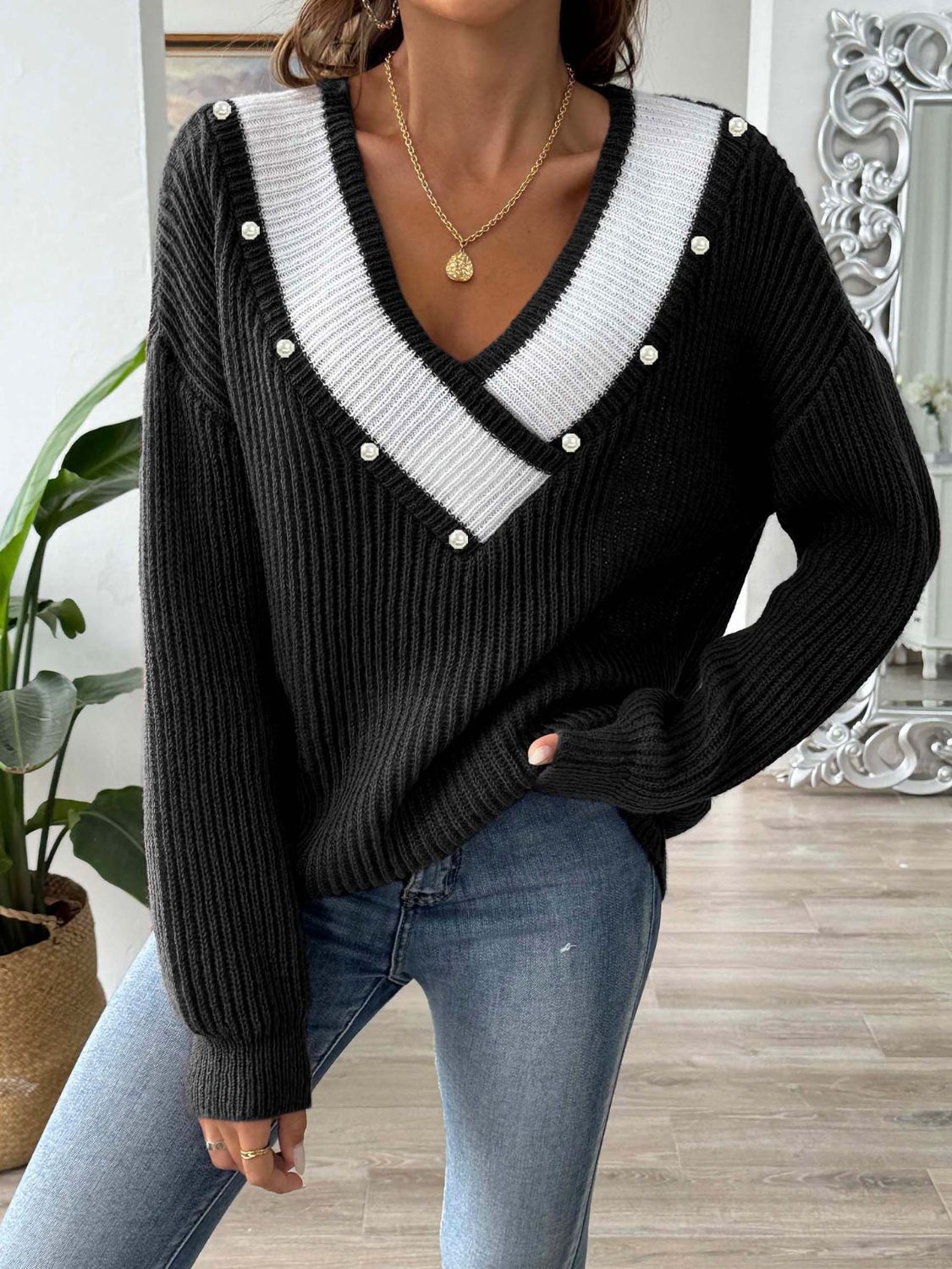 Contrast Trim Dropped Shoulder Long Sleeve Sweater Black One Size