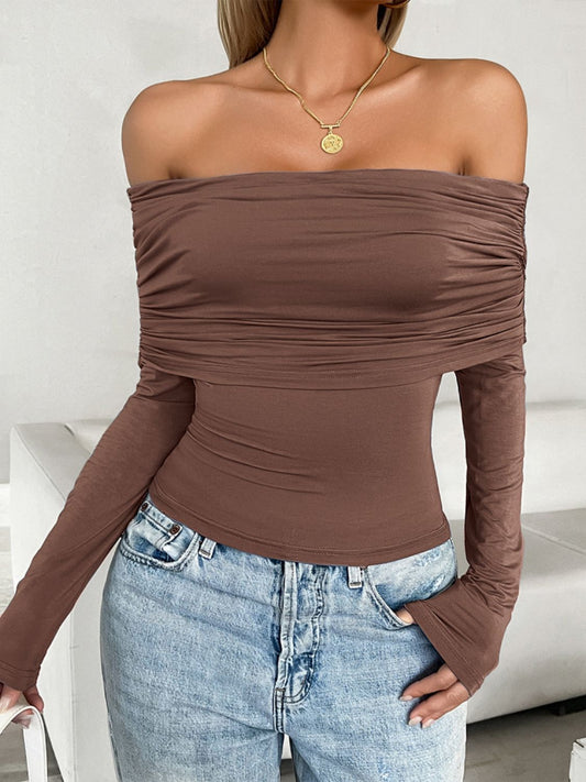 Ruched Off-Shoulder Long Sleeve T-Shirt Dark Brown