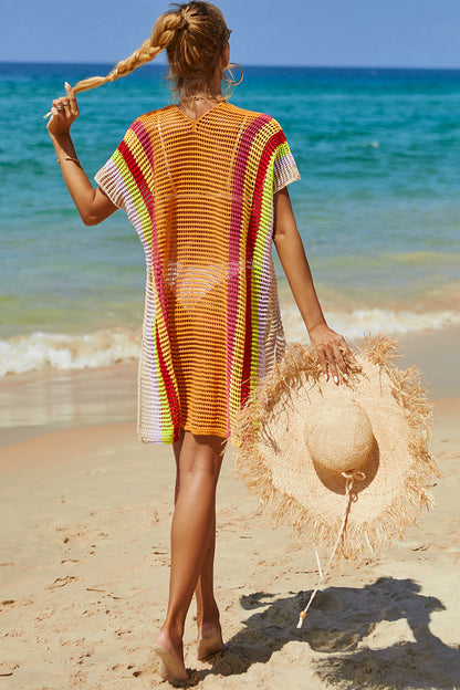 Lightweight Openwork Striped Knit Beach Cover-Up