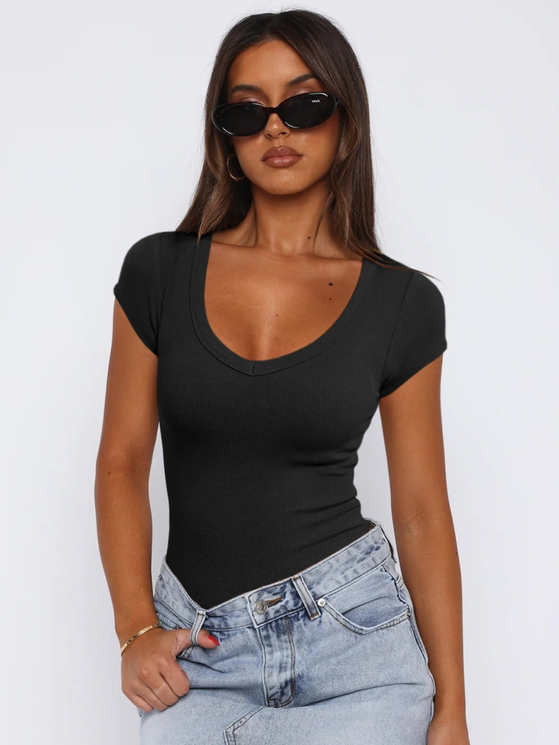 Scoop Neck Cap Sleeve T-Shirt Black