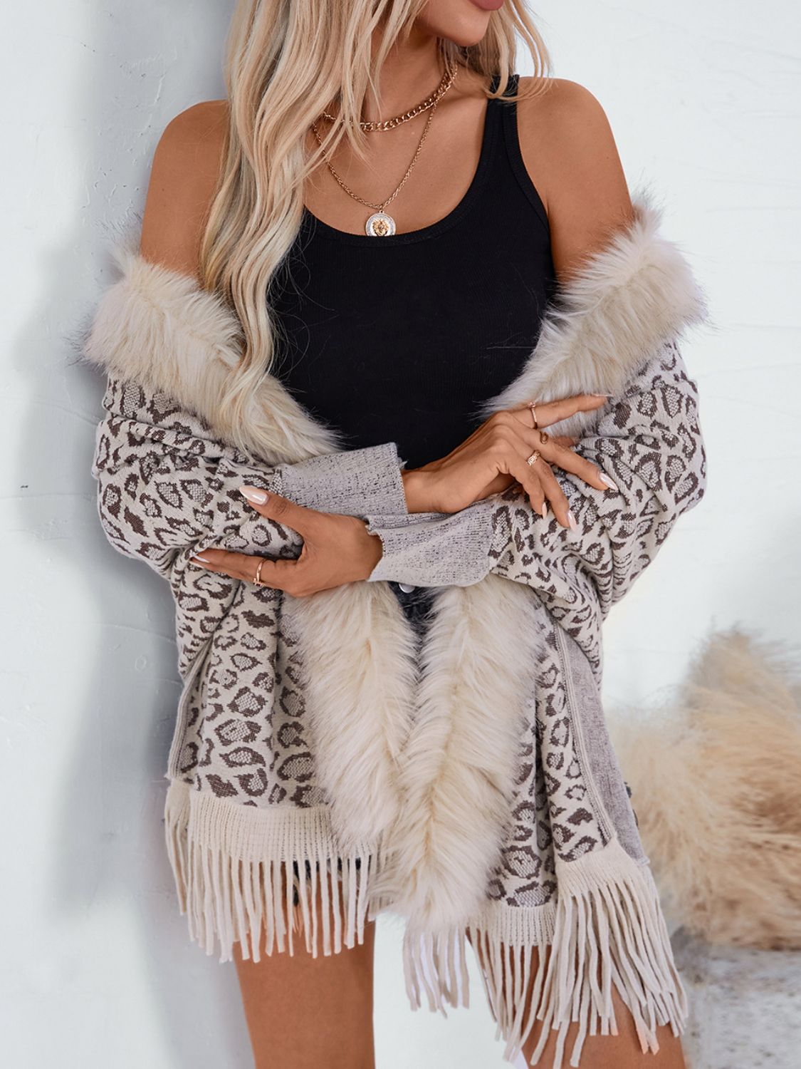 Fringe Leopard Open Front Long Sleeve Poncho Beige One Size