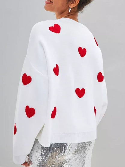 Heart Round Neck Dropped Shoulder Sweater