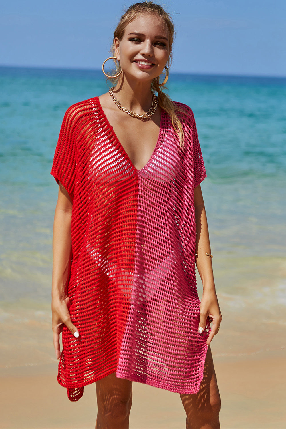 Lightweight Openwork Longline Beach Cover-Up Red One Size