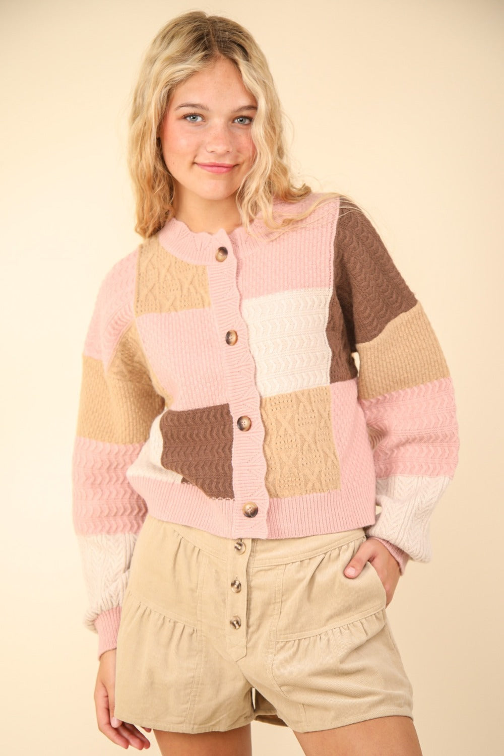 VERY J Color Block Button Down Textured Sweater Cardigan Blush