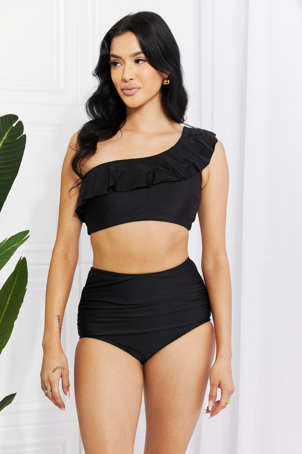 Black One-Shoulder Ruffle High-Waisted Bikini Black