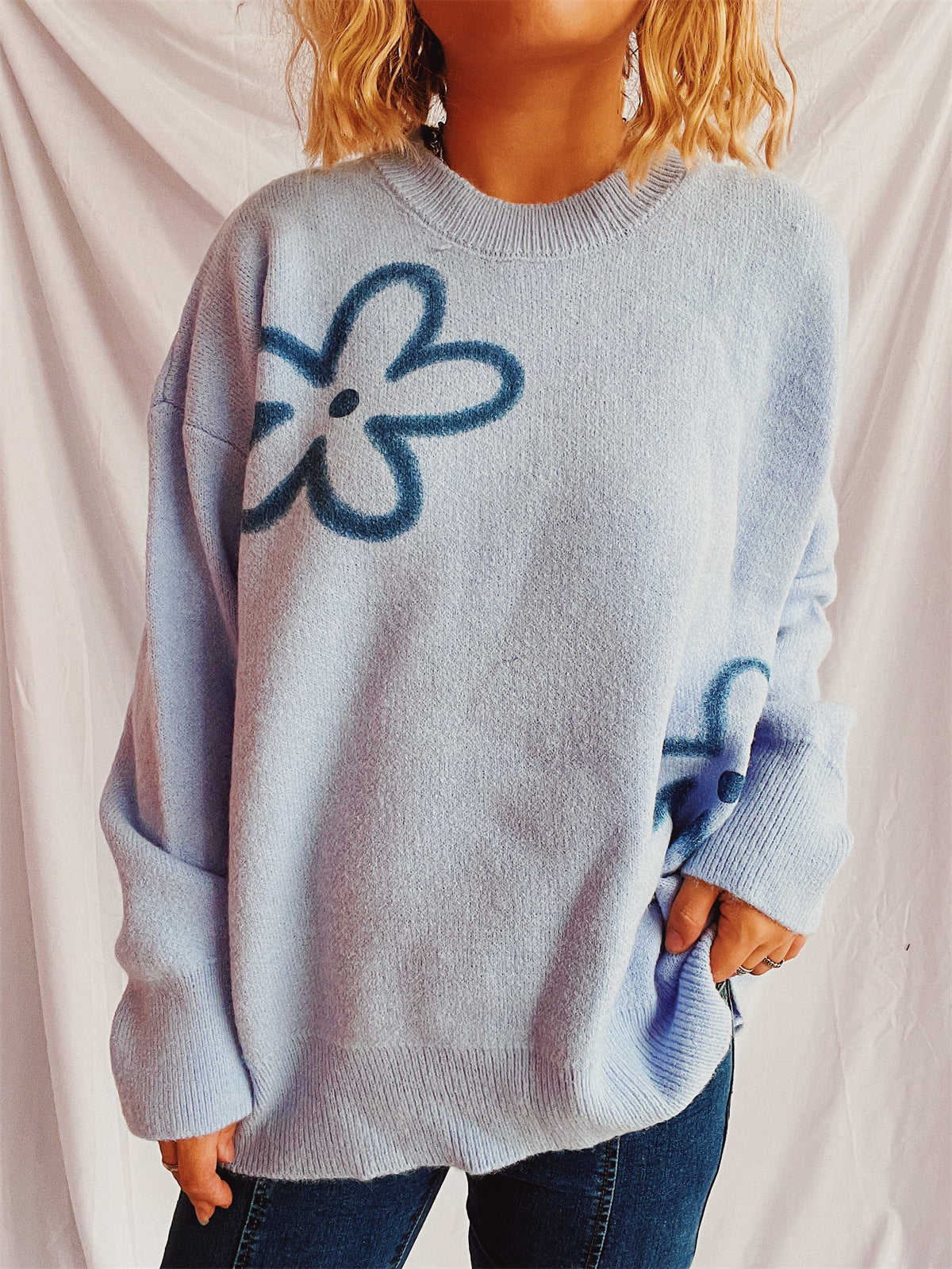 Flower Round Neck Long Sleeve Sweater Light Blue One Size