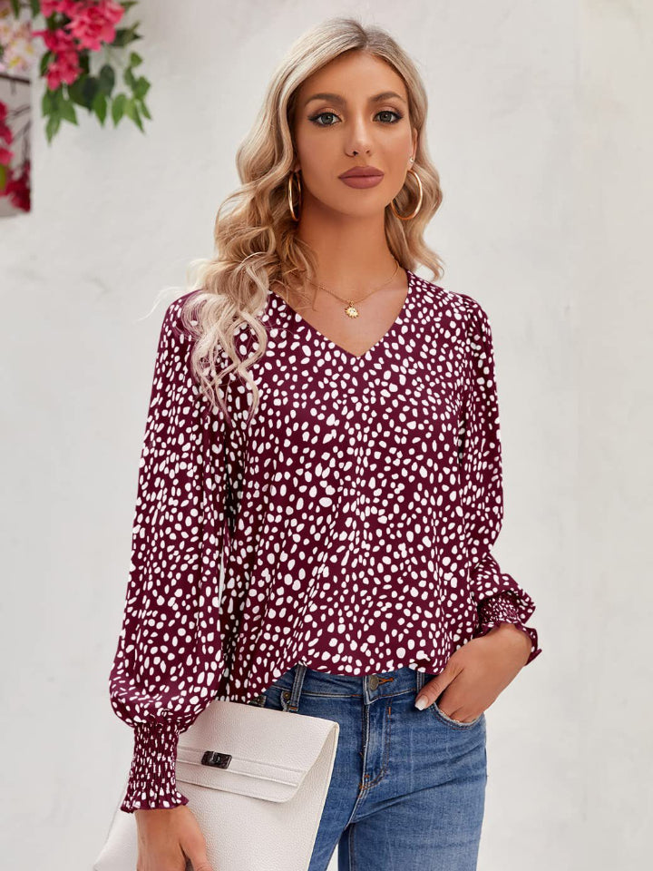 Printed V-Neck Lantern Sleeve Blouse Burgundy