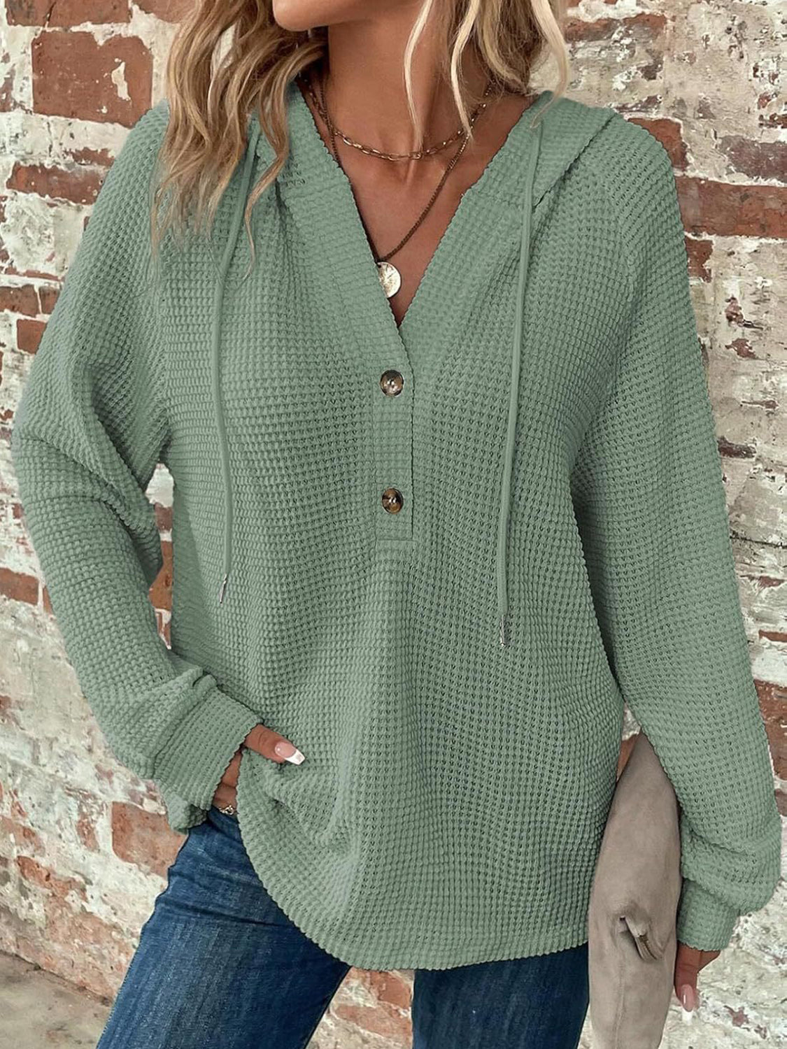 Waffle Knit Long Sleeve Drawstring Hooded Top Sage