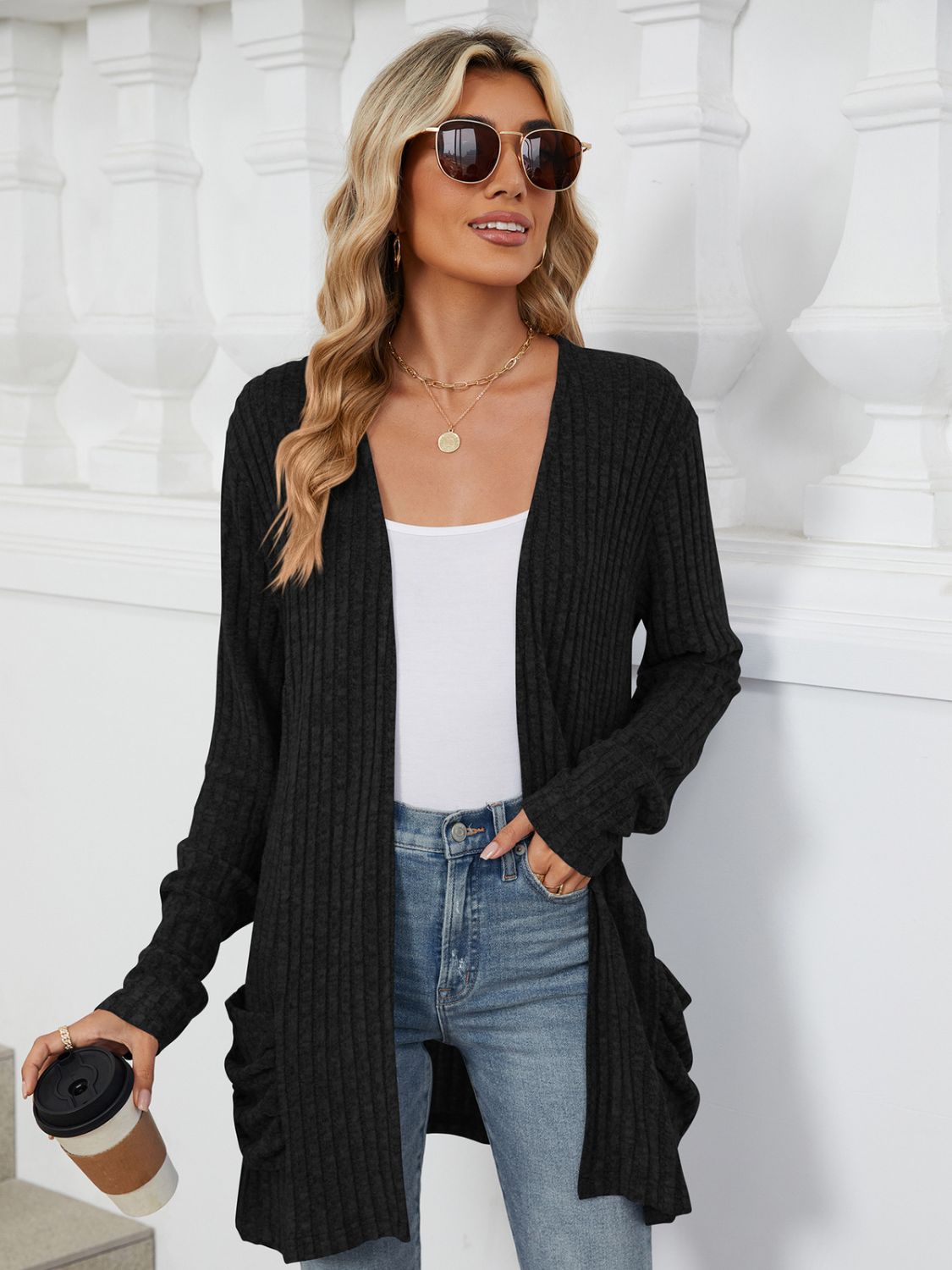 Pocketed Open Front Long Sleeve Cardigan Black