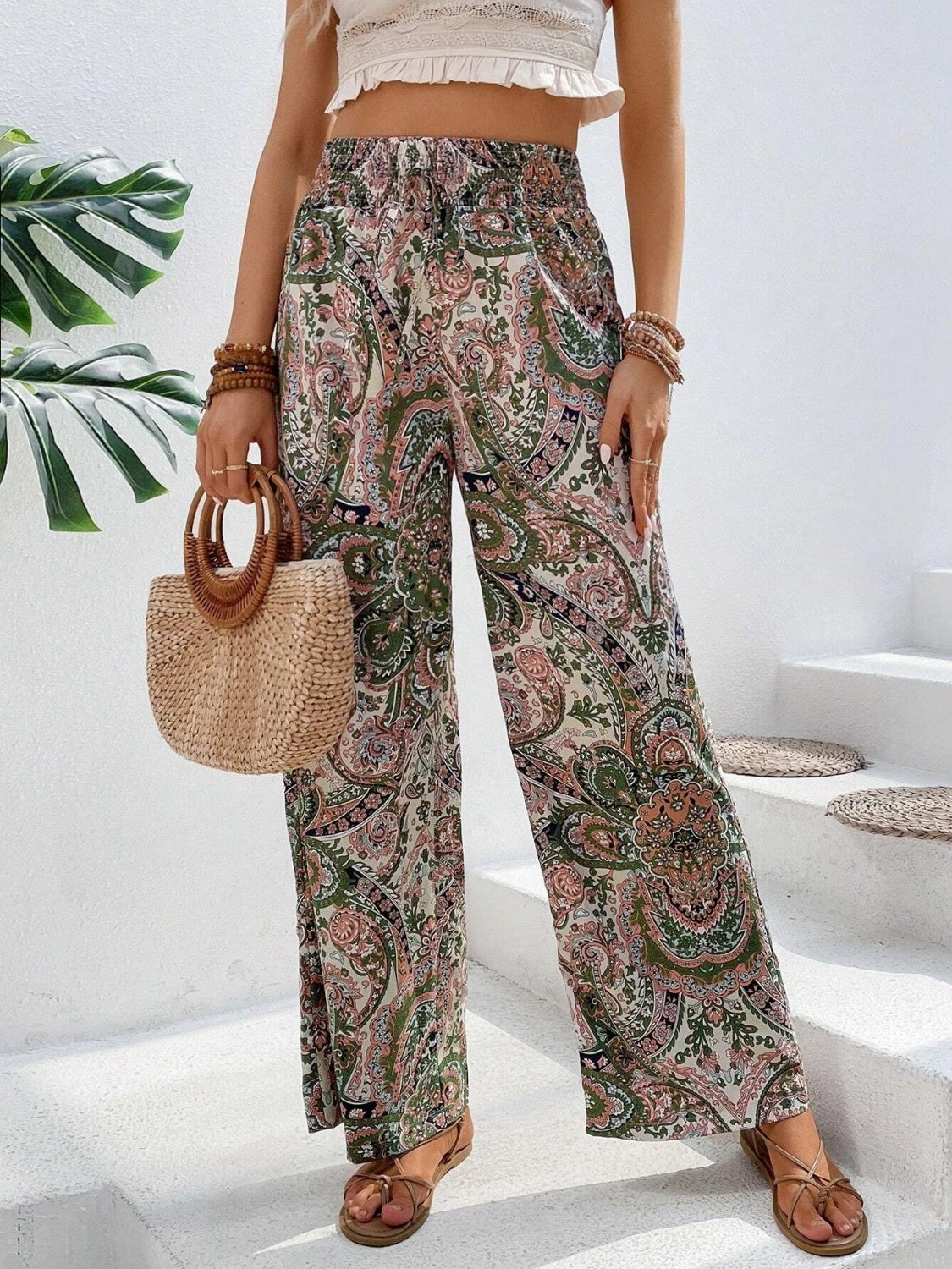 Tie Waist Printed Wide Leg Pants