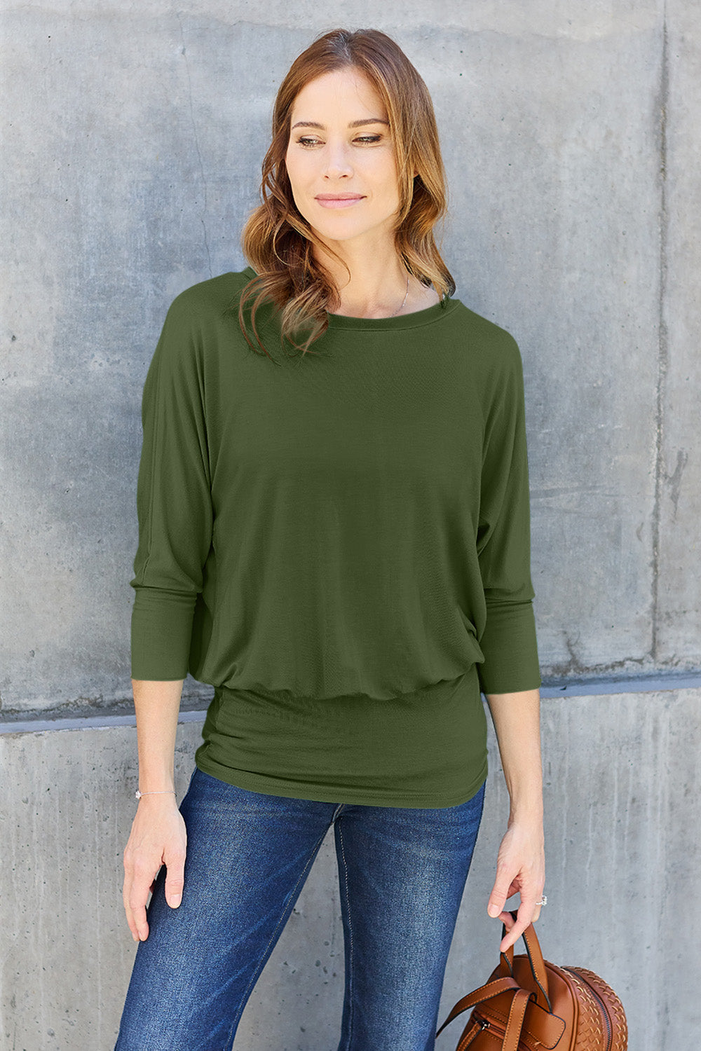 Basic Bae Full Size Round Neck Batwing Sleeve Blouse Army Green