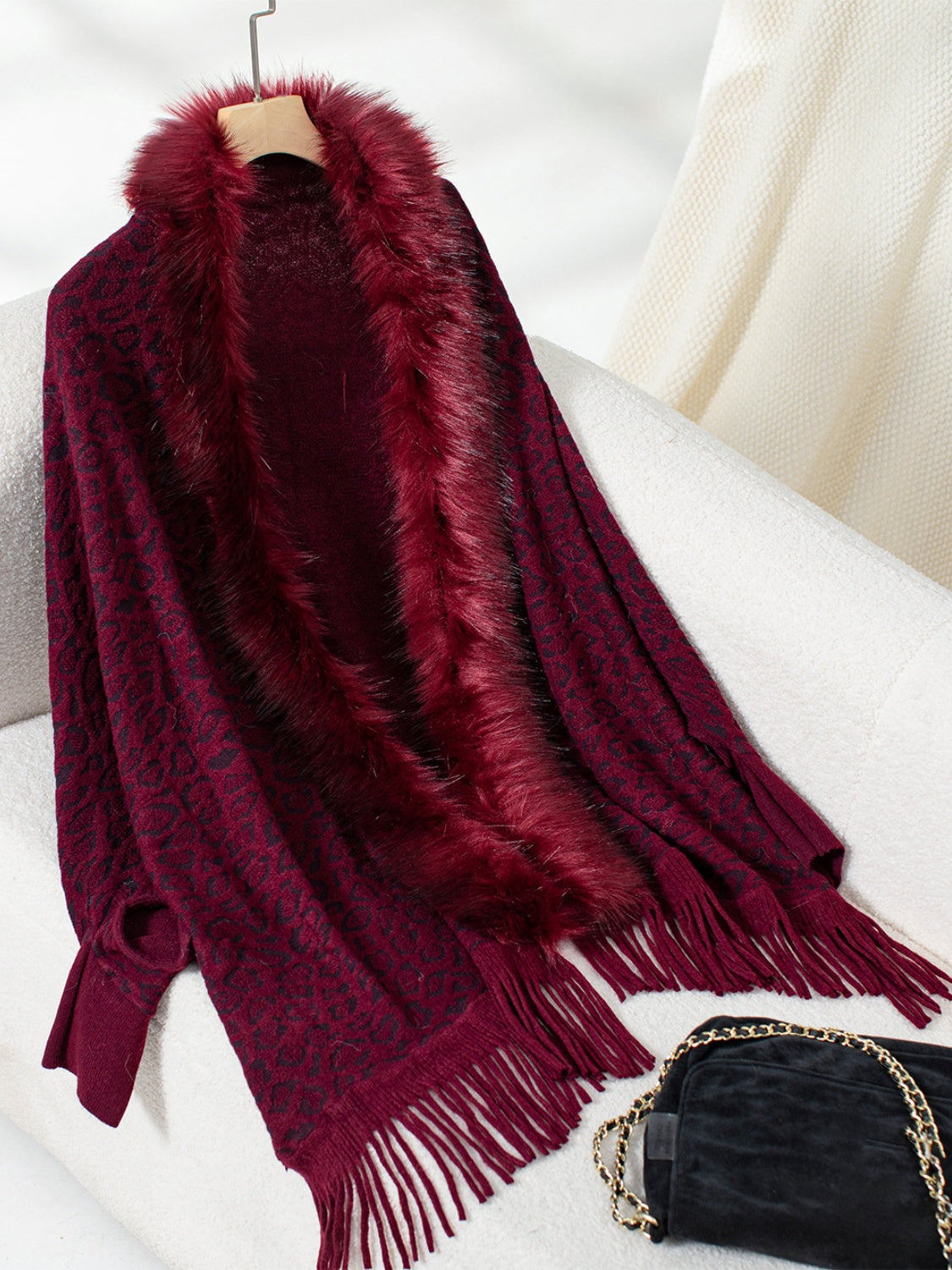 Fringe Leopard Open Front Long Sleeve Poncho Burgundy One Size