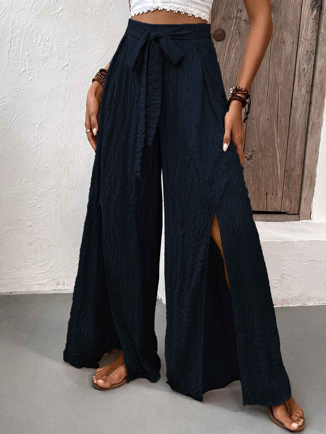 Tied Slit Wide Leg Pants Dark Navy