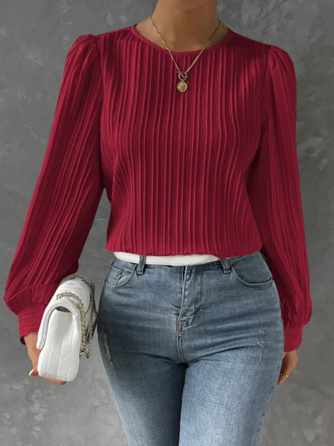 Round Neck Long Sleeve Blouse Burgundy