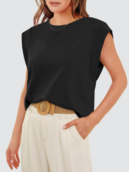 Classic Round Neck Cap Sleeve Top Black