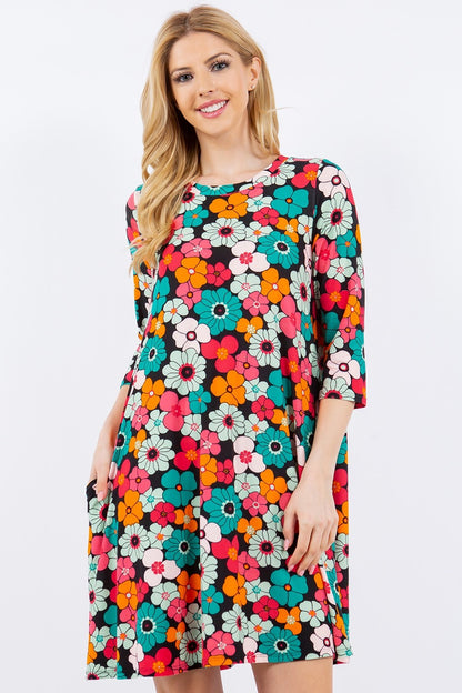 Floral Midi Dress with Pockets - Back to School Black Floral