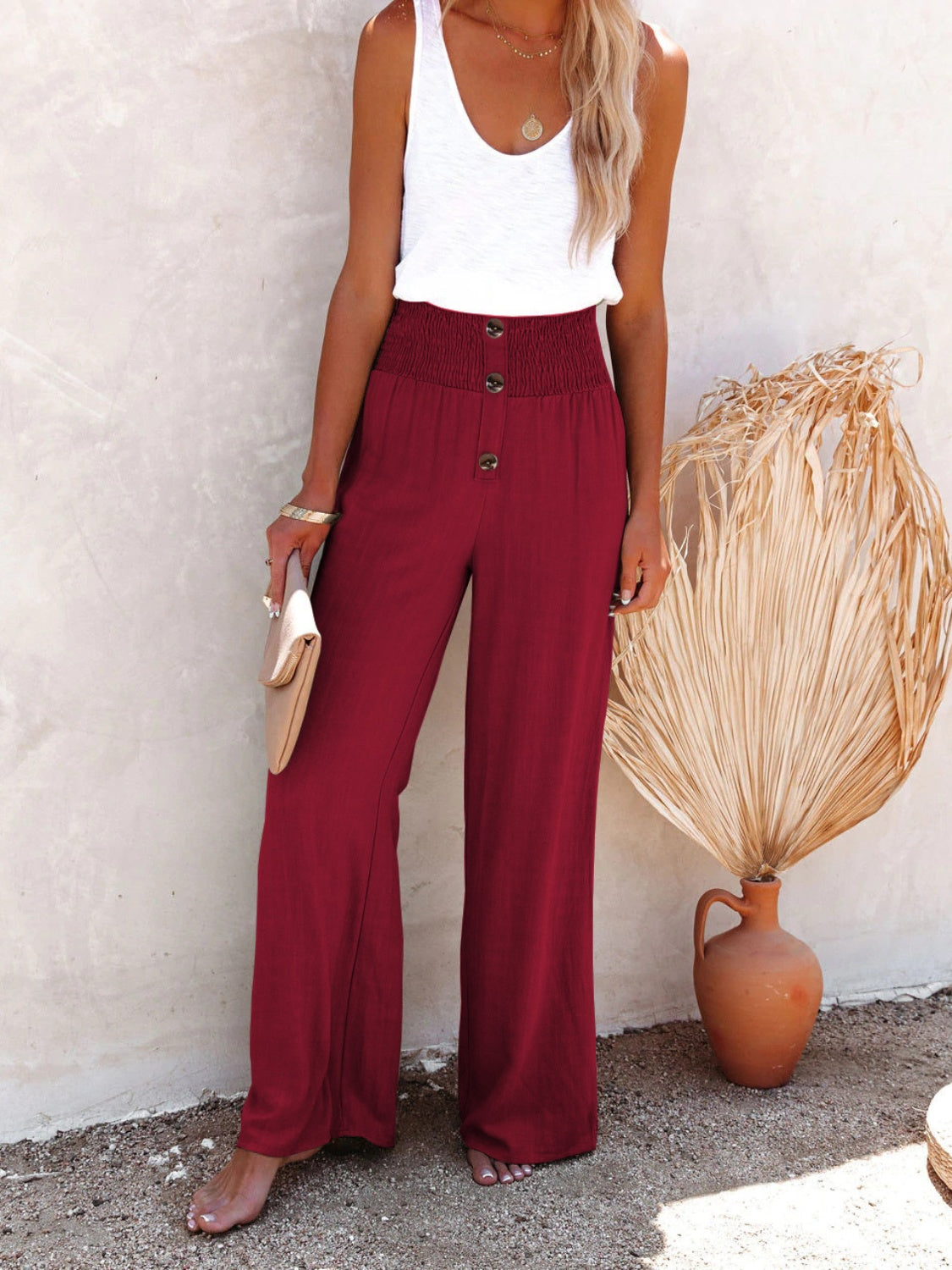 Full Size Decorative Button High Waist Pants Burgundy