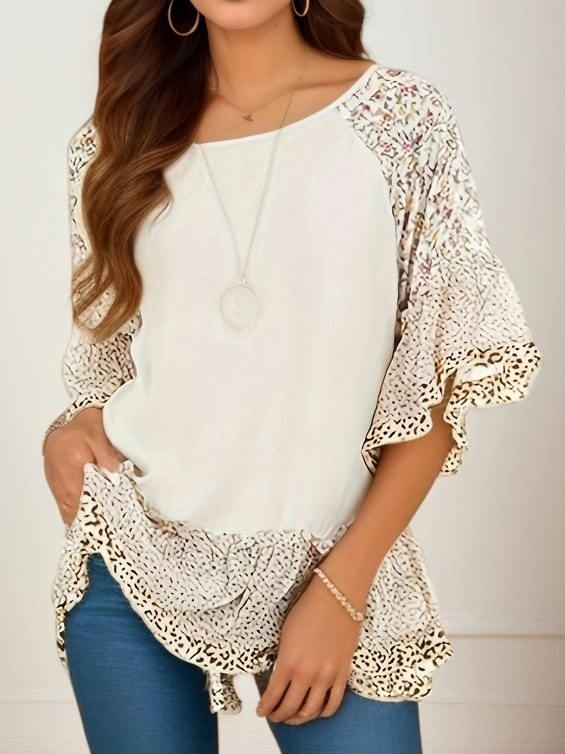 Full Size Frill Printed Round Neck Half Sleeve Blouse Cream