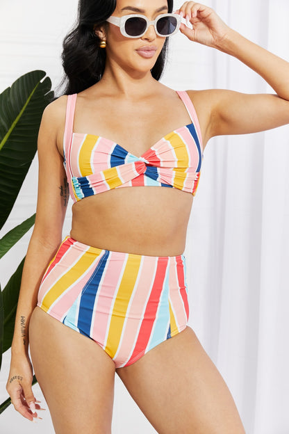 Striped Twist-Front High-Waisted Bikini